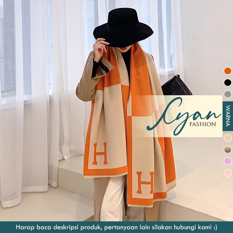 Syal &quot;Helen&quot; 65 x 190 Anggun motif Huruf H yang mewah Bahan High Grade Cashmere Immitation