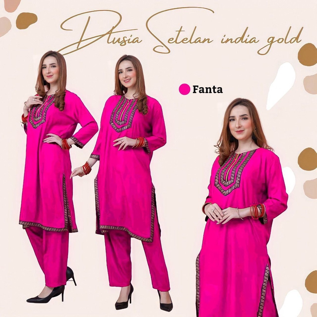 Dlusia India One Set Wanita Tunik Renda Jumbo Rayon Premium Setelan Wanita Lengan Pendek Set Baju Muslim Kekinian LD  125 cm