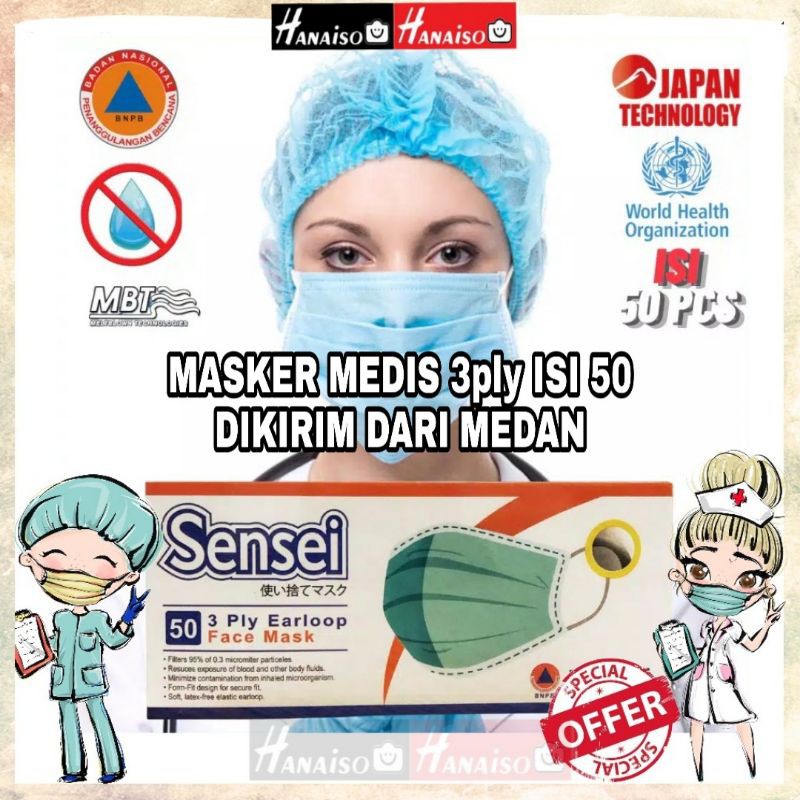 Termurah MEDAN HANAISO MASKER 3PLY ISI 50 pcs WAJAH BEDAH SURGICAL MASK MASK MEDIS RESMI BNPB Sense Sensi