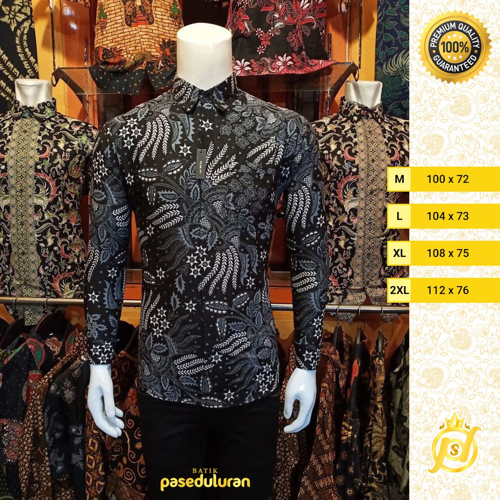Kemeja Batik Slim Fit Premium Motif Manggar Warna Abu Lengan Panjang