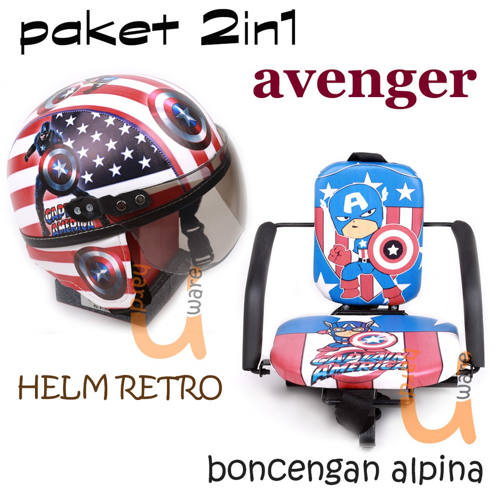 TERMURAH PAKET KURSI BONCENGAN MOTOR ANAK ALPINA + HELM RETRO SHINCHAN ANAK