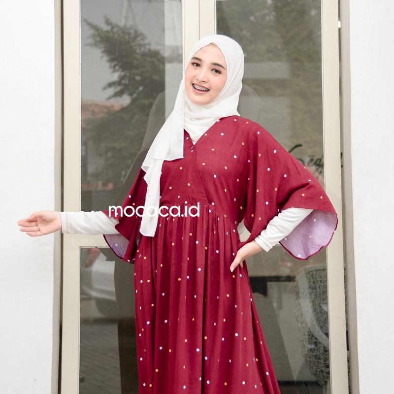 Dress Bahan Rayon Model Unik polkadot maroon polka kimono batwing lengan terompet tali pinggang