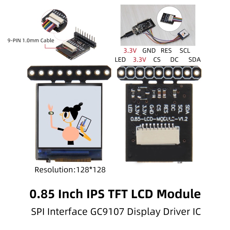 Btsg T-0.85 Inch IPS TFT LCD Module SPI Interface GC9107 Layar Driver IC Full Color 128x128 IPS Screen Display Replacem