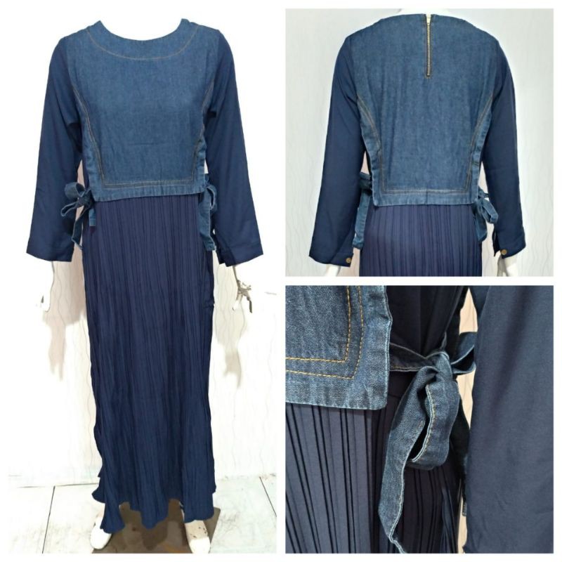 GAMIS AURELL JEANS COMBI PLISKET BIRU TUA PREMIUM QUALITY / DRESS MUSLIM NAVY DENIM
