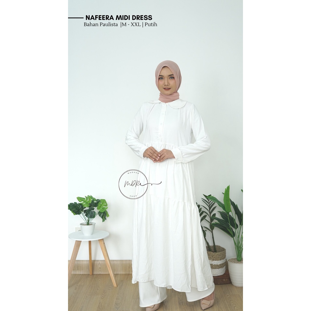 Nafeera Midi Dress Wanita Muslim Busui Jumbo Lengan Panjang Bahan Paulista Premium Size M L XL XXL Motif Polos Terbaru  Long Tunik rempel susun remaja Kekinian 2022