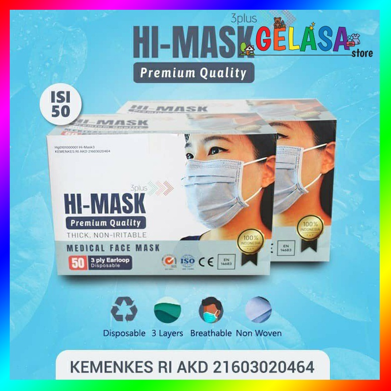 Gelasa Hi Mask Surgical Masker / Masker Medis Headloop &amp; Earloop isi 50pcs