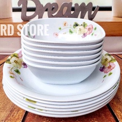 PROMO 12.PCS SET 6.PIRING 6.MANGKOK MELAMINE MOTIF ROSE