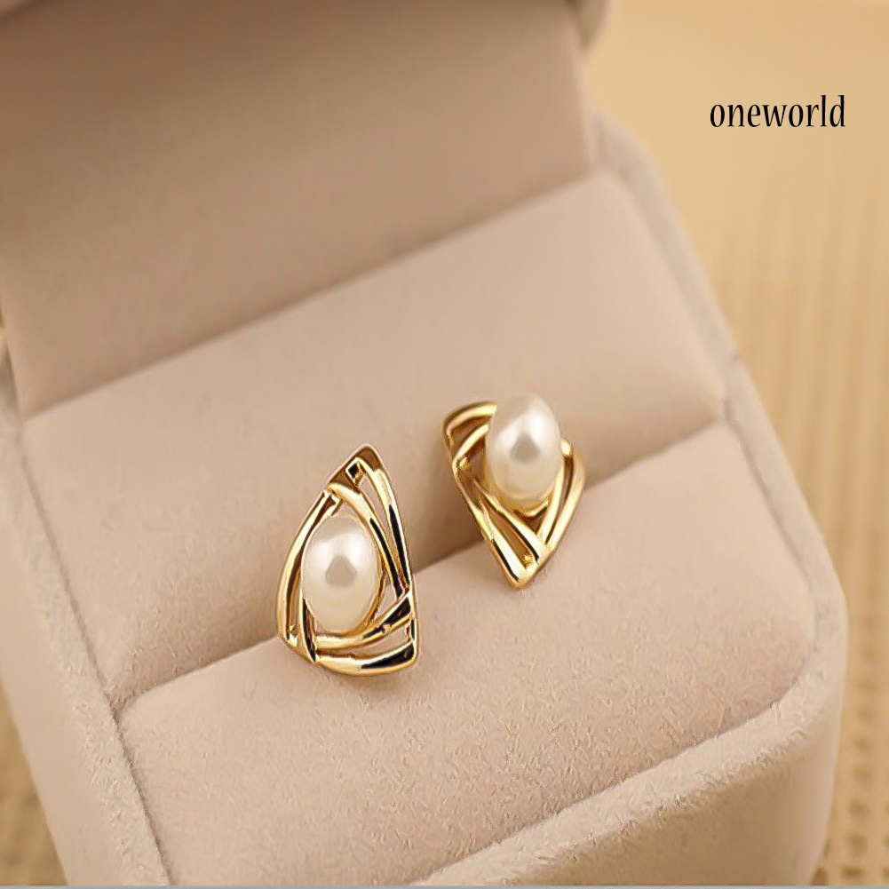 OW# Women Faux Pearl Inlaid Double Triangle Crossover Ear Stud Earrings Jewelry Gift