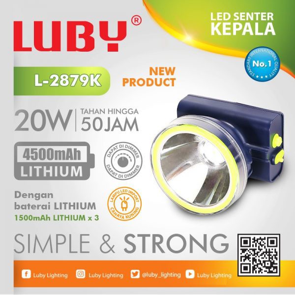 Luby Senter Kepala LED Super Terang Lithium L 2879K LAMPU KUNING 20 Watt With Dimmer Switch
