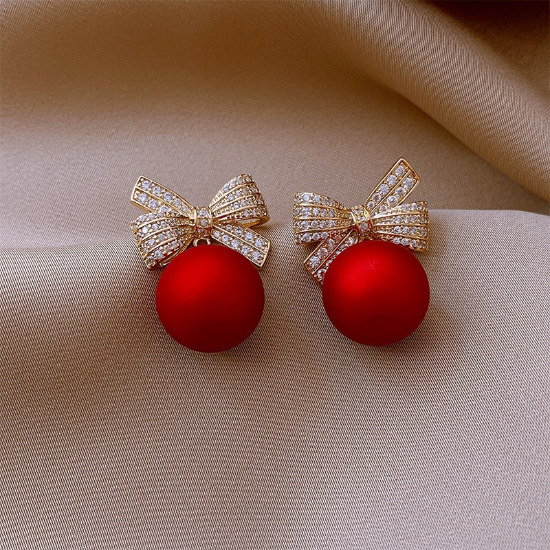 Fashion Crystal Bow Knot Stud Earrings for Women Pearl Cherry  Rhinestone Red Earring Girls Party Christmas Jewelry Gifts