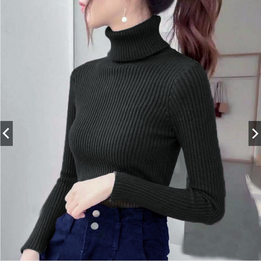 HOPYLOVY - Sweater Rajut Wanita Turtleneck Ribbed Turtle Daisy