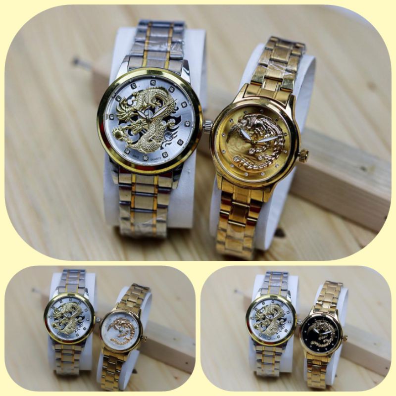 Jam Tangan Couple Gold Dragon Phoenix Luxury Gold Stainless Steel Material