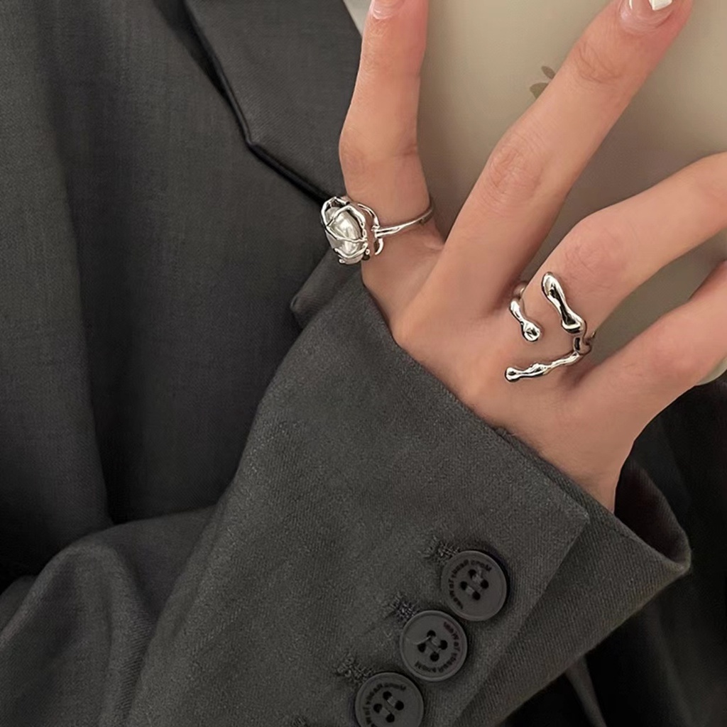 2pcs Cincin Model Terbuka Desain Geometri Asimetris Minimalis Gaya Punk Untuk Wanita