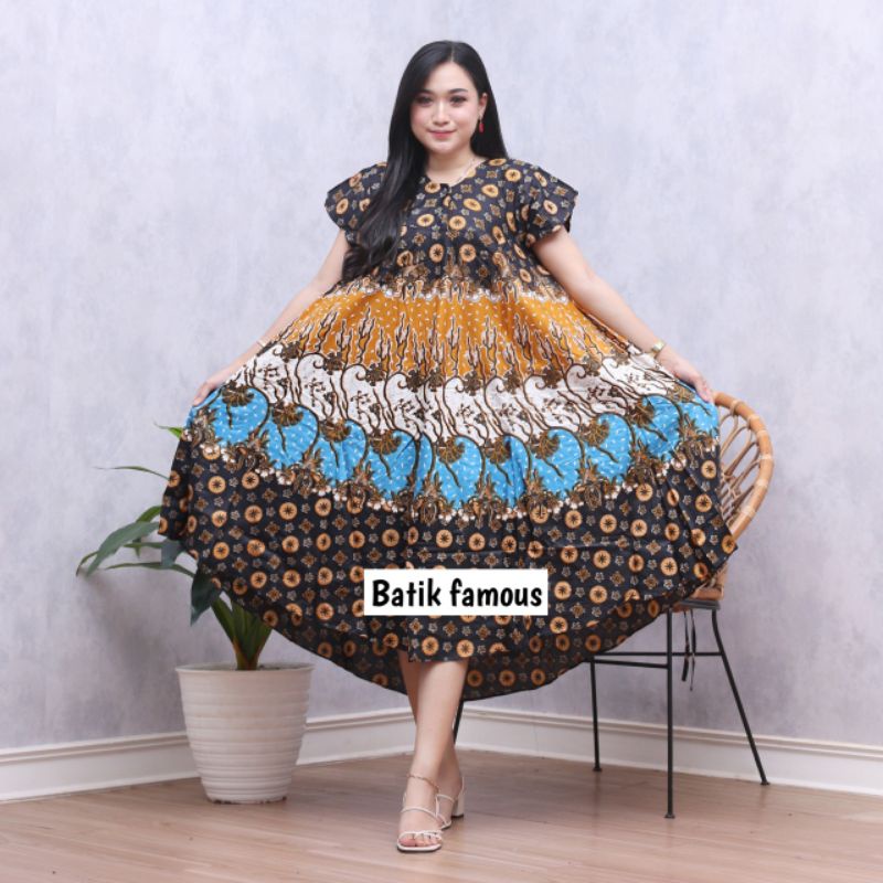 DASTER PAYUNG JUMBO COKLAT KANCING DEPAN BUSUI BUMIL-Bunga akar biru