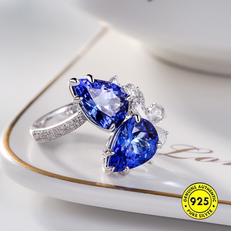 Cincin Berlian Sapphire Model Terbuka Dapat Disesuaikan Gaya Elegan Untuk Wanita