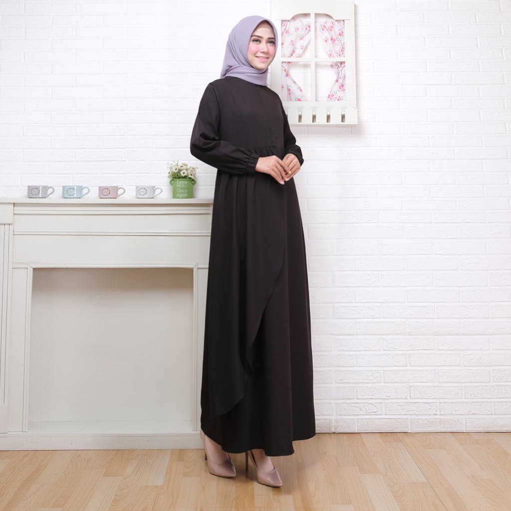 Modesee Gamis Putih Hitam Polos Basic Layer Busui Wanita Muslim Mina Dress, Gamis S M L XL XXL, Gamis Jumbo 2XL 3XL 4XL 5XL-Black 4XL