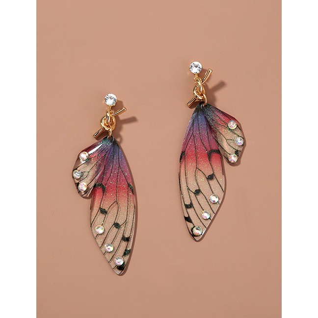 LRC Anting Tusuk Fashion Color Mixing Long Tassel Simulation Cicada Wings Diamond Alloy Earrings