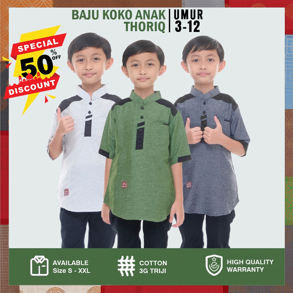 THORIQ Baju Muslim Anak Laki Laki Kemeja Koko Kemko Atasan Kurta Pakistan Pria Takwa Taqwa Kokoh Hem