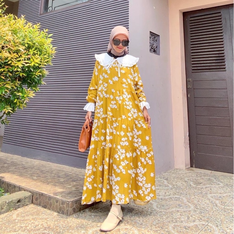 Midi Dress Rempel Kerah Ikat Motif