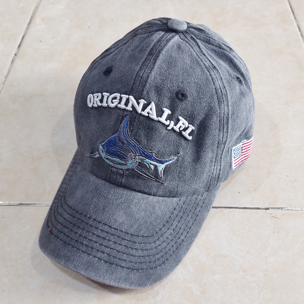 Topi Baseball Import Pria Motif Shark Originsl FL Katun Wash Premium