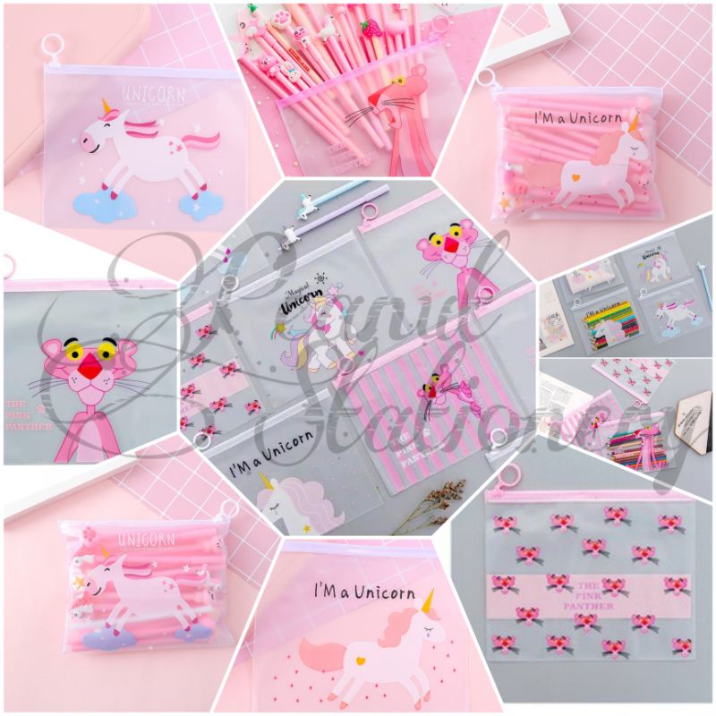 

Pouch Tempat Pensil / Tas Pouch Kosmetik / Pouch Serbaguna Transparant Karakter Pink Panther Dan Unicorn