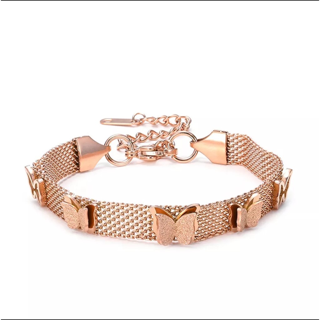 Gelang Jaring Titanium Aksen 5 Kupu-Kupu Tersedia Warna Rose Gold, Gold dan Silver