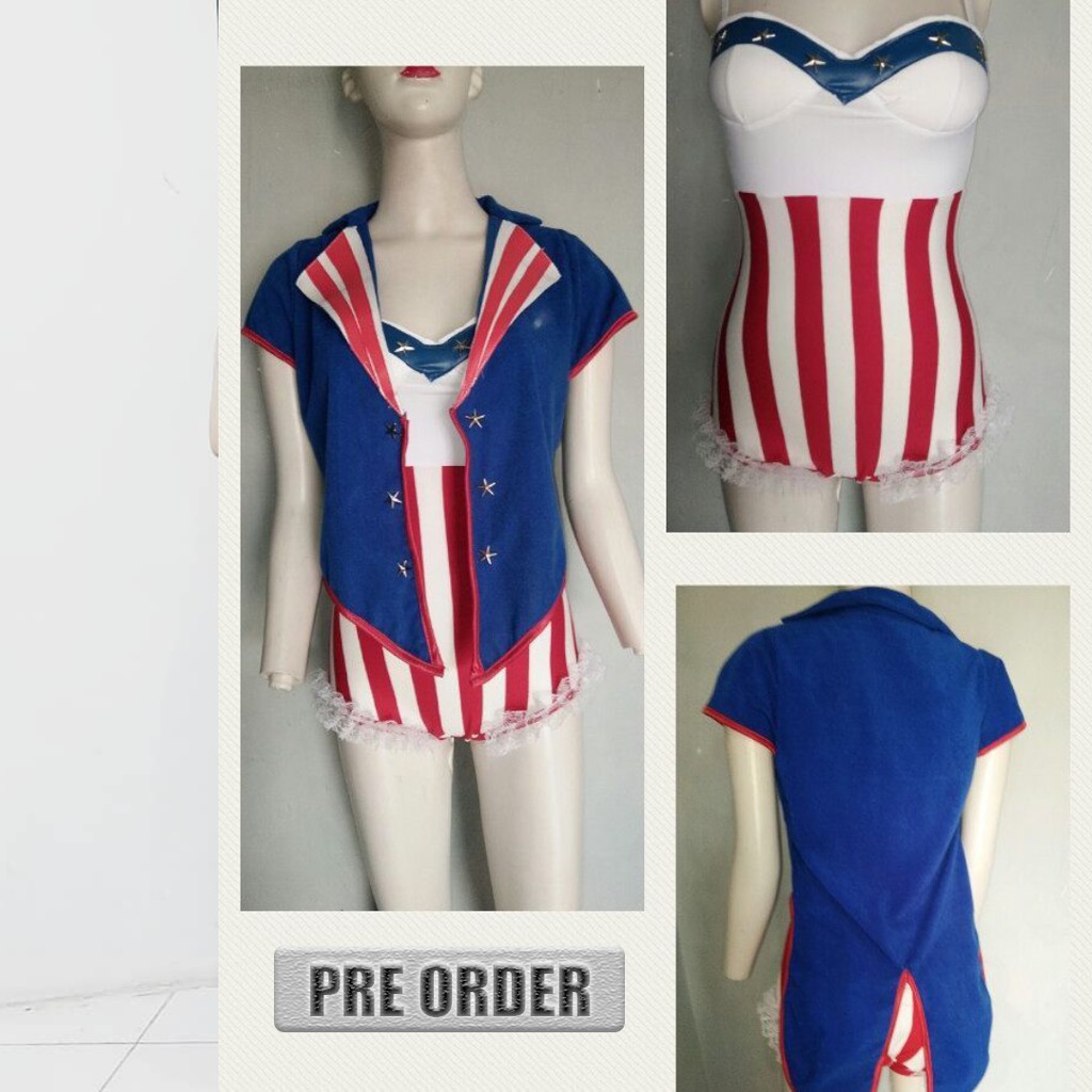 Kostum Sexy Dance Kpop Wanita Motif Merah Garis