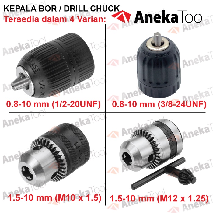 Kepala Bor / Drill Chuck 1,5 - 10 mm &amp; 0,8 - 10 mm 20UNF 24UNF M10 M12