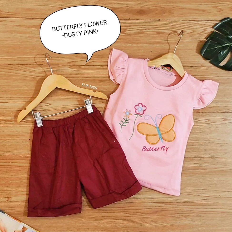 Baju Anak Perempuan Setelan Anak Atasan dan Celana Motif Butterfly Flower / 4 Ukuran / S-M-L-XL