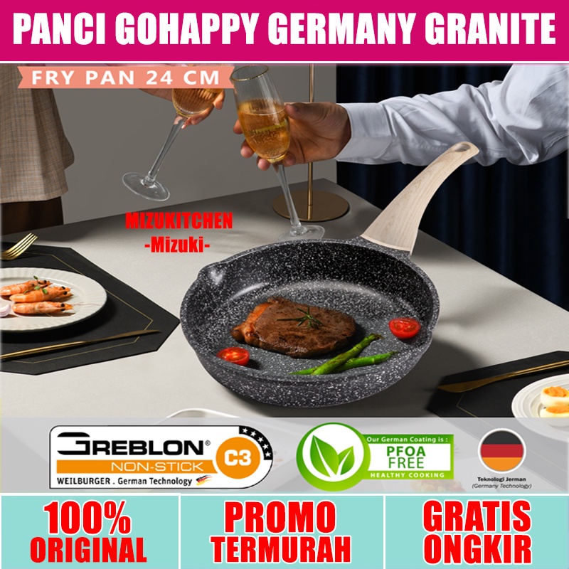 Mizuki FRY PAN Gohappy 24cm Germany Black Granite GHG85 Panci Frying pan the best jerman Greblon C3 Wajan goreng