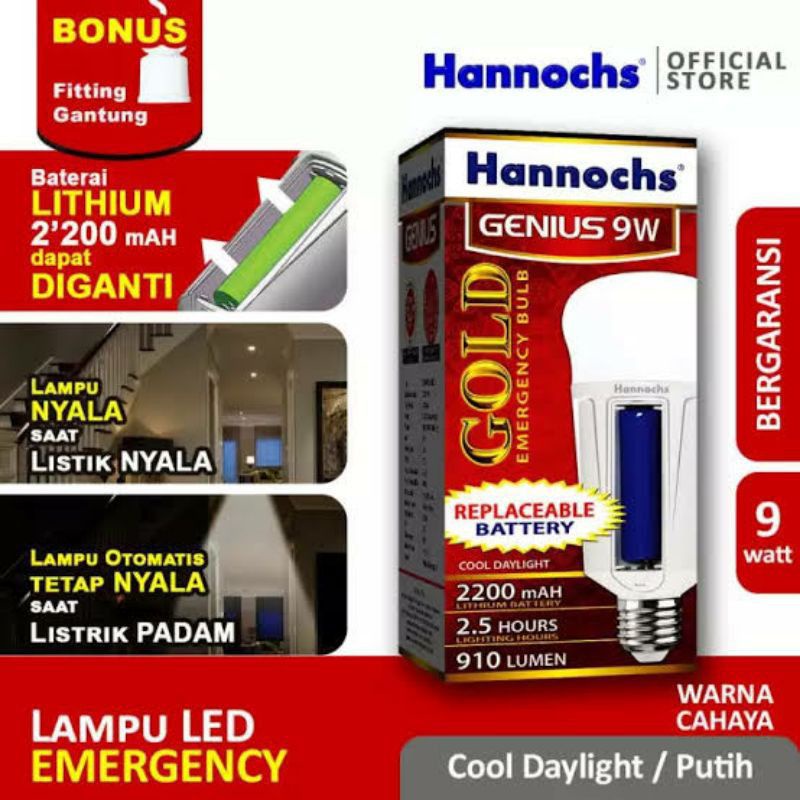 Hannochs Genius Gold Lampu Bohlam LED Emergency 9 Watt - Fungsi AC DC