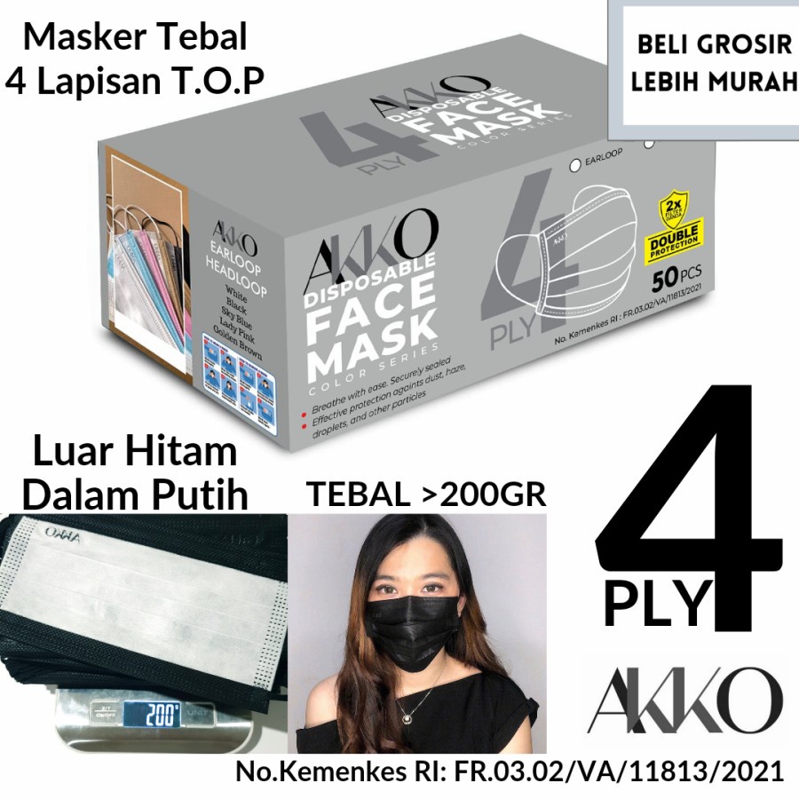 MASKER EARLOOP 3PLY AKKO ORIGINAL KEMENKES LUAR HITAM DALAM PUTIH
