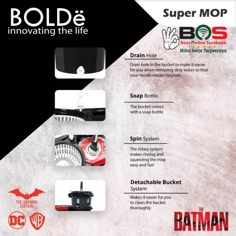 BOLDe Alat Pel Putar Batman Edition Super Mop Pel Lantai Ember Saringan Bisa Dilepas