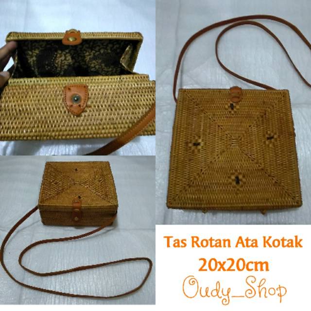 Tas Rotan Ata Kotak 20x20 cm Kancing Klip Tas Selempang Rotan Bali Ata