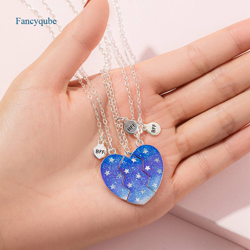 Fancyqube 3pcs / Set Kalung Rantai Bentuk Hati Sequin Luminous Untuk Pasangan