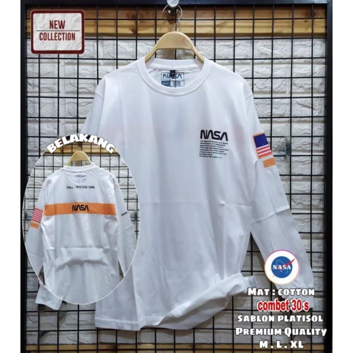 Kaos Distro Lengan Panjang Hitam Putih Kaos NASA H&M - Full Tag Logo Mirror Original