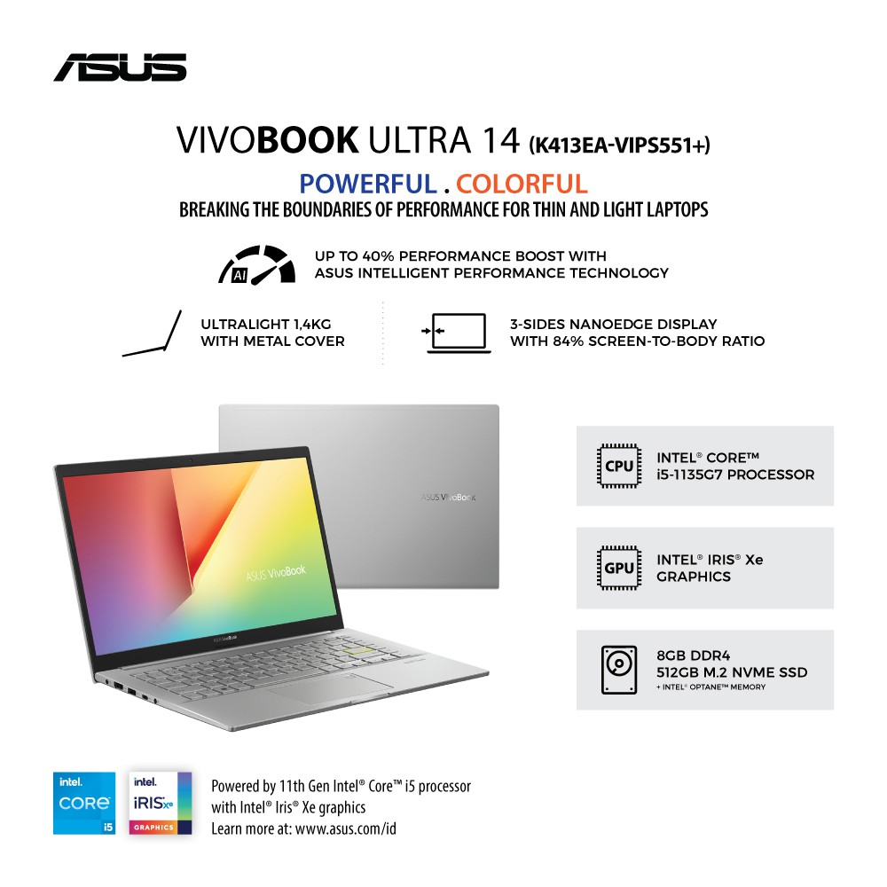 ASUS K413EA-VIPS551+ i5-1135G7/Intel® Iris Xe 80EU/8G/512G PCIE/OPTANE/TRANSPARENT SILVER/WIN 11