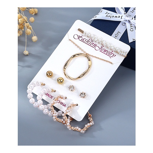 LRC Perhiasan Set Fashion Color Mixing Pearl And Diamond Winding Alloy Necklace Earrings Hairpin Set Y64143