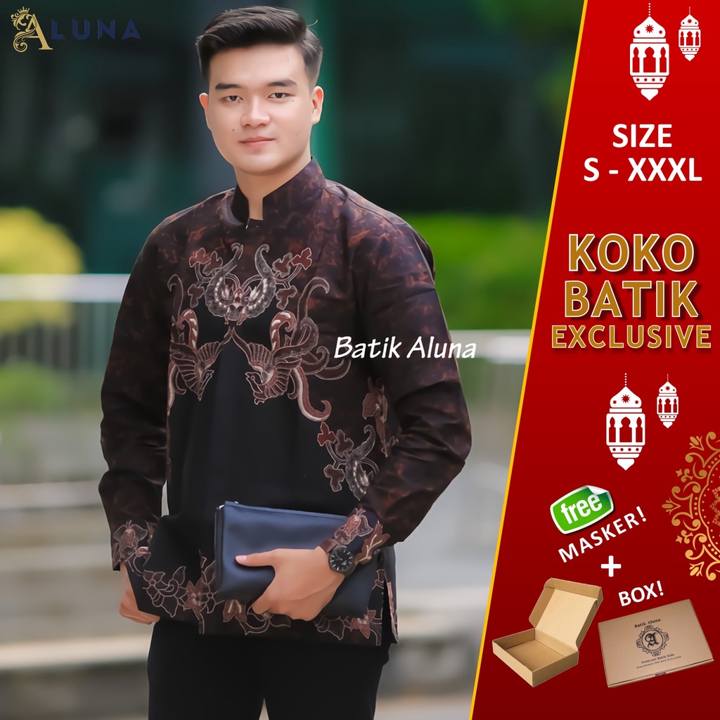 Terbaru!! Baju Kemeja Koko Kurta Pakistan Pria Dewasa Motif Batik Aluna Baju Muslim Lengan Panjang Good Quality Katun Premium MBA 010