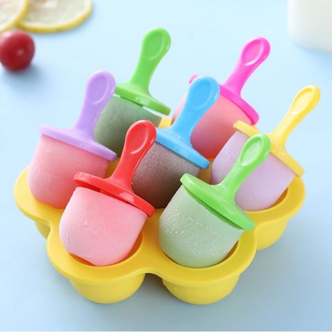 cetakan es cream silikon bulat isi 7 cups / Baby Popsicle Molds Fruit Ice Pop Maker DIY Ice Cream Maker Cetakan Es Krim Stik Lolipop / Cetakan Es Loli / Buah / Makanan Bahan Silikon Dengan 7 Lubang