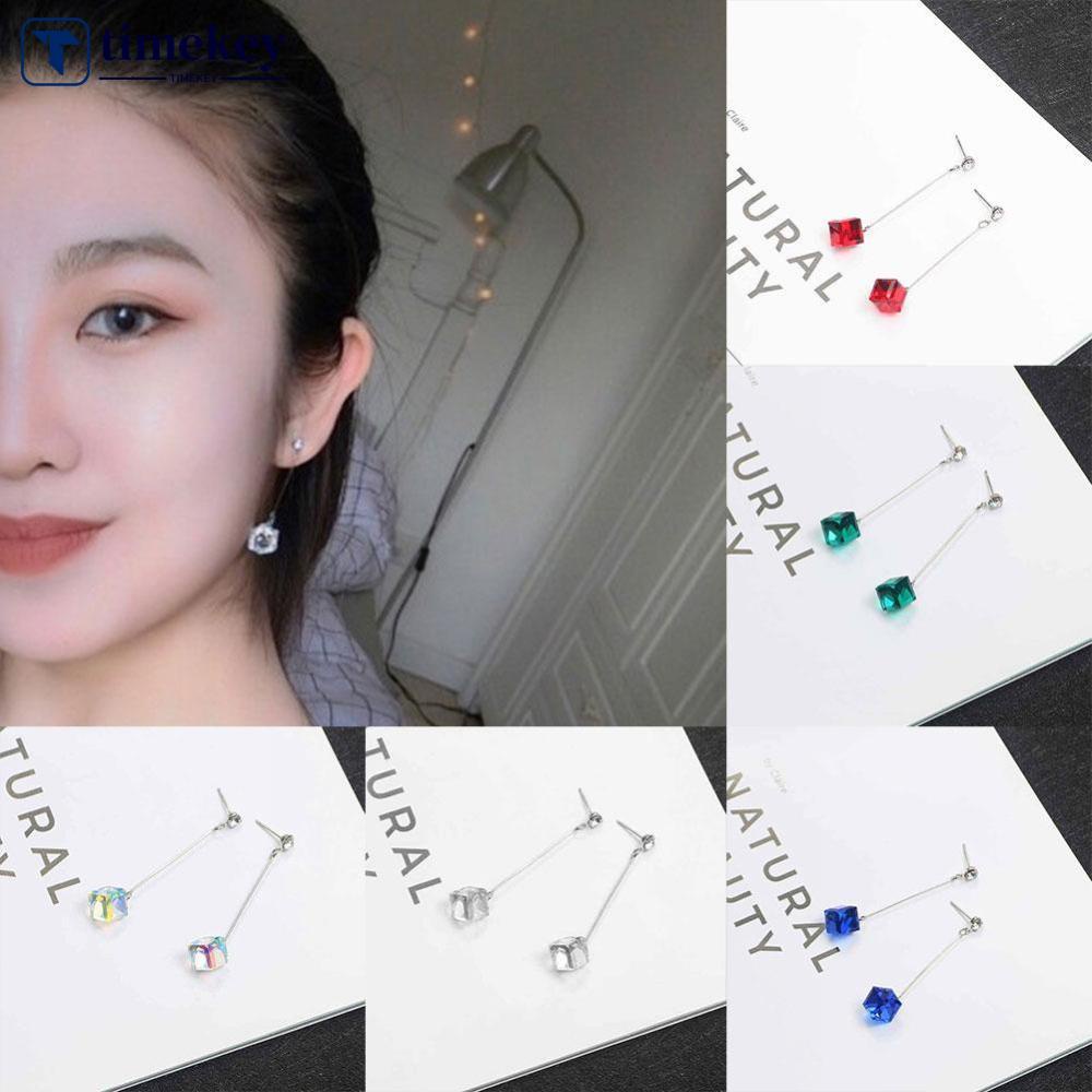 Timekey Anting Tusuk Gantung Panjang Desain Kubus Kristal Transparan Simple Untuk Wanita A6K5