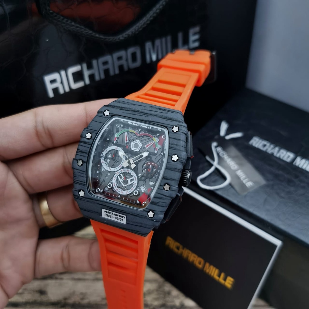 JAM TANGAN PRIA RM 50-03/01 ANALOG TALI RUBBER CHRONO TANGGAL AKTIF DIAMETER 4,6 CM + BOX EXCLUSIVEV