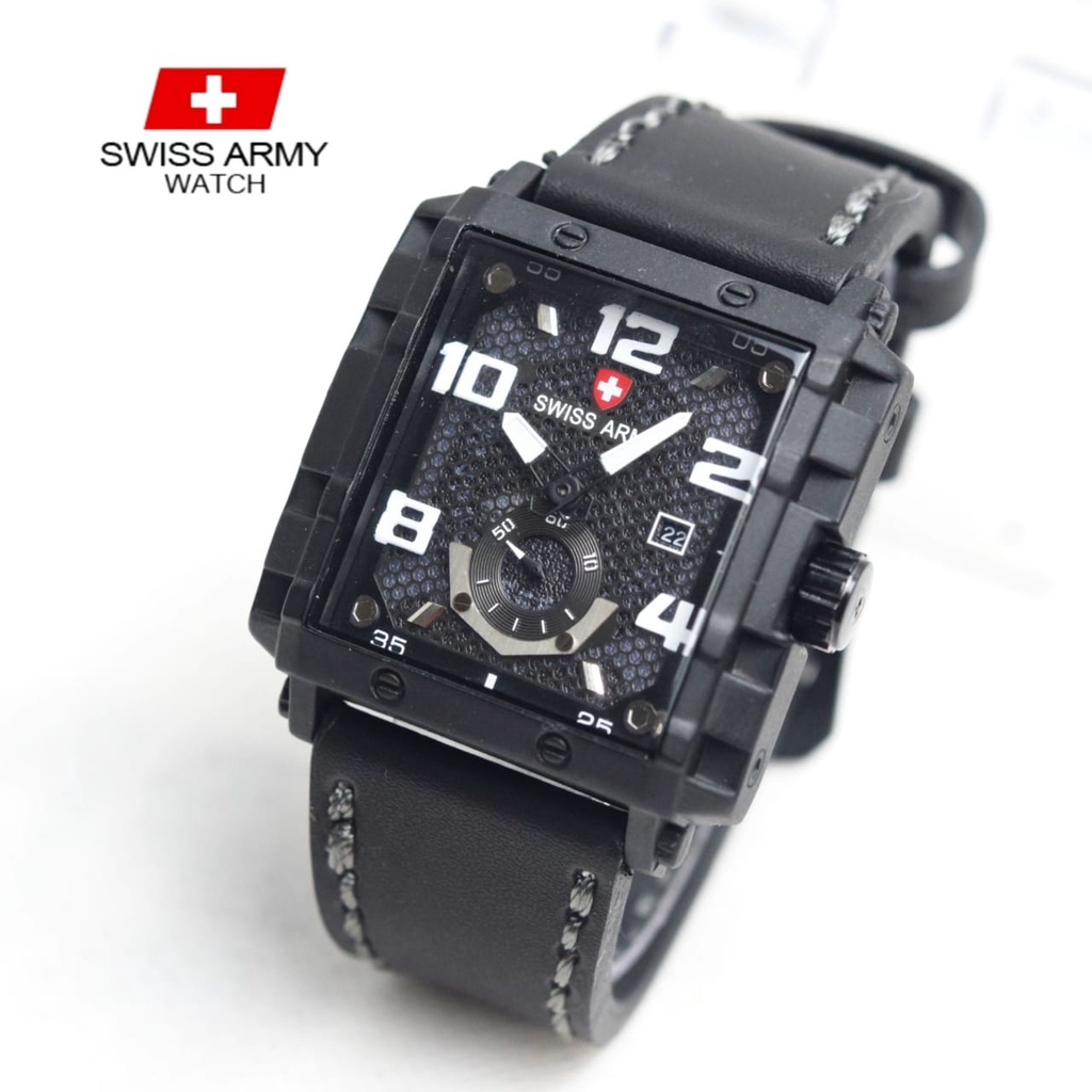 JAM TANGAN PRIA SWISS KOTAK KULIT STRAP TANGGAL AKTIF CHRONO DETIK BAWAH || JAM TANGAN FASHION MURAH