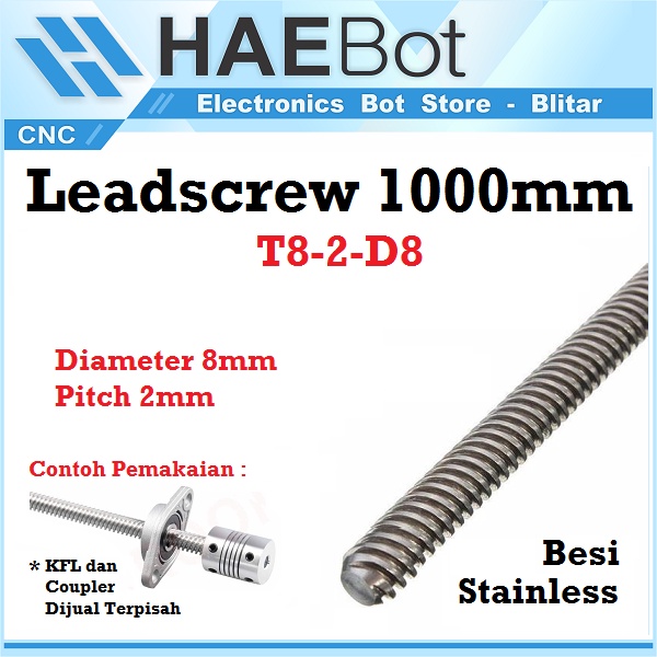 [HAEBOT] Lead Screw Leadscrew 1000mm 100cm T8 8mm 8 Besi Ulir CNC Pitch 2mm 3D Printer ACME Router Milling Mini Stainless Steel