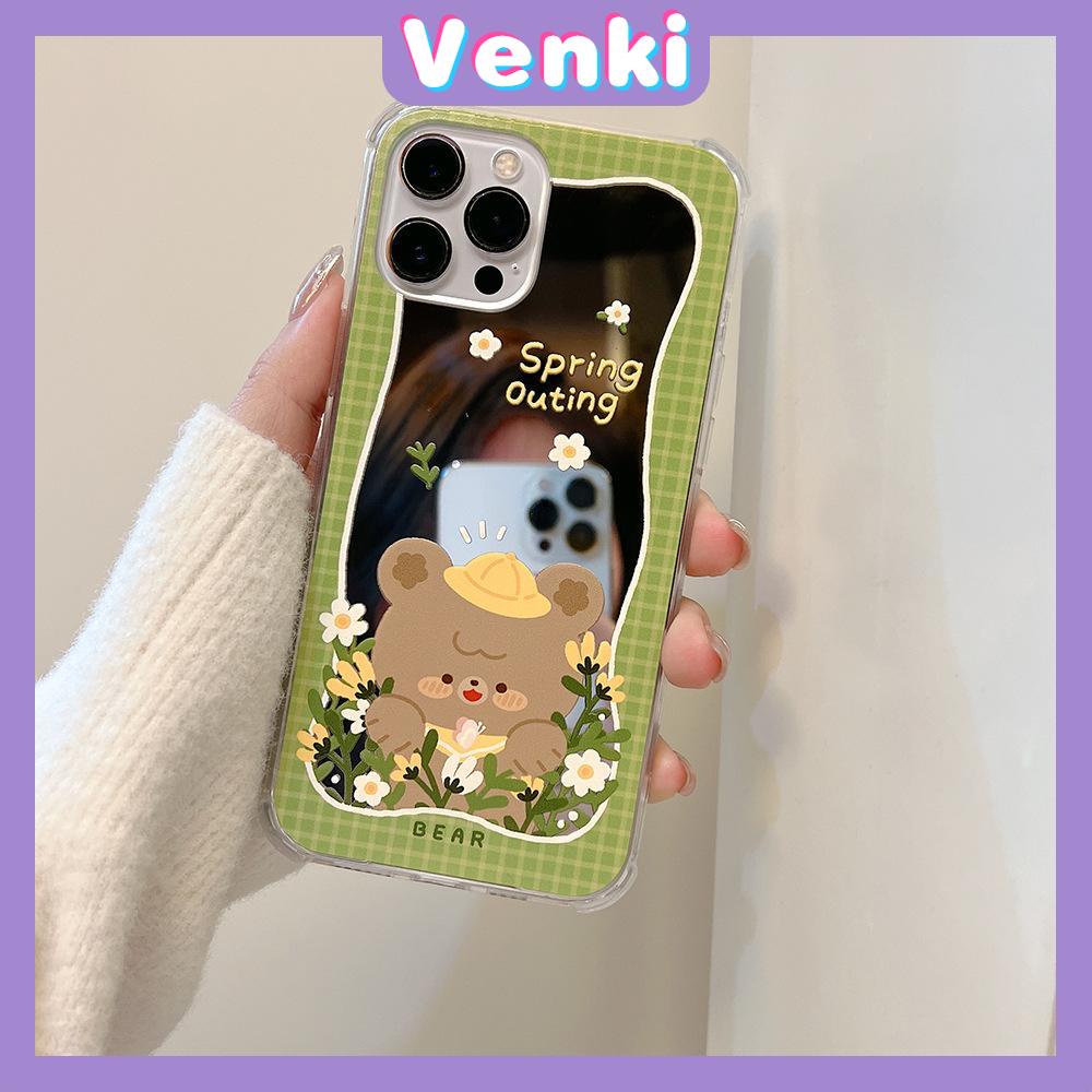 iPhone Case Acrylic Mirror Airbag Shock Resistant Big Hole Camera Protection Green Flower Bear Compatible For iPhone 11 iPhone 13 Pro Max iPhone 12 Pro Max iPhone 7 Plus