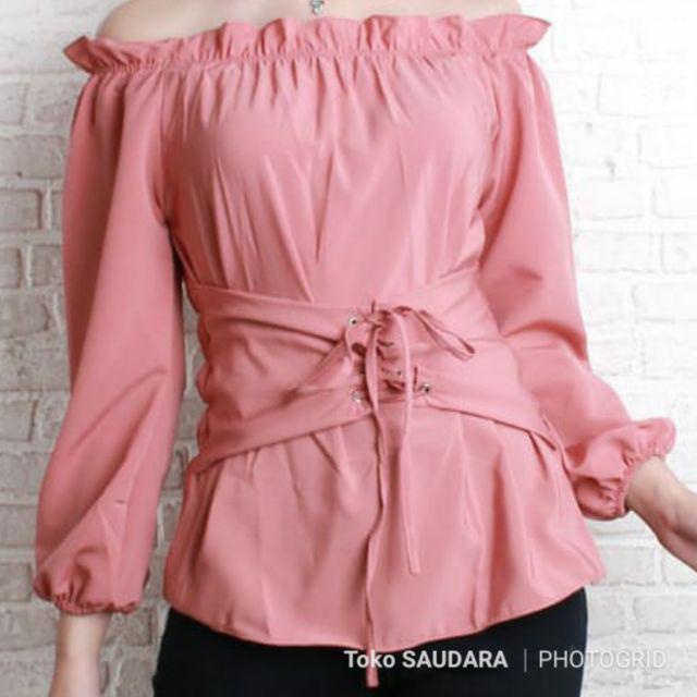 Blouse sabrina panjang tali pinggang