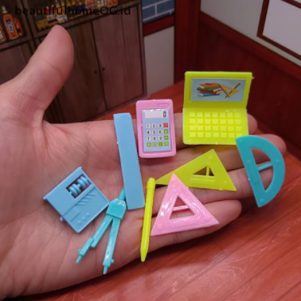 9pcs / set Mainan Sempoa / Kalkulator / Penggaris / Pen Skala 1: 12 Untuk Aksesoris Rumah Boneka