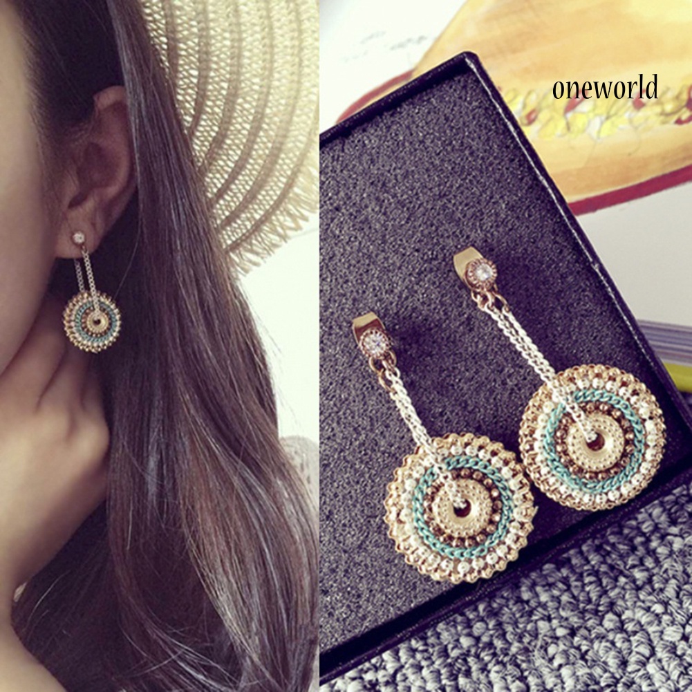 OW@ Women's Bohemian Round Handmade Pendant Drop Dangle Rhinestone Eardrop Earrings