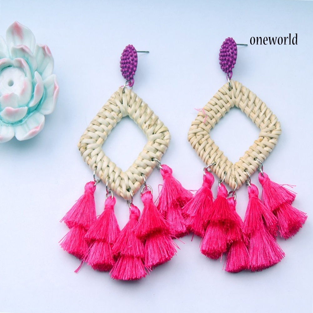 OW@ Boho Women Hollow Rhombus Rattan Woven Tassel Statement Dangle Stud Earrings