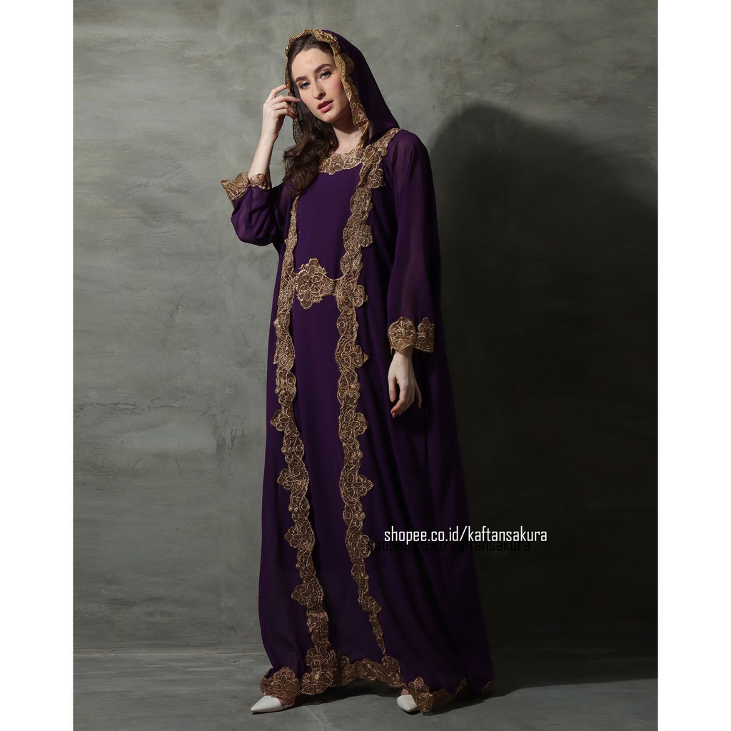 Gamis Wanita model kapucong tutup kepala hoodie ukuran all size terbaru bahan sifon warna putih ungu